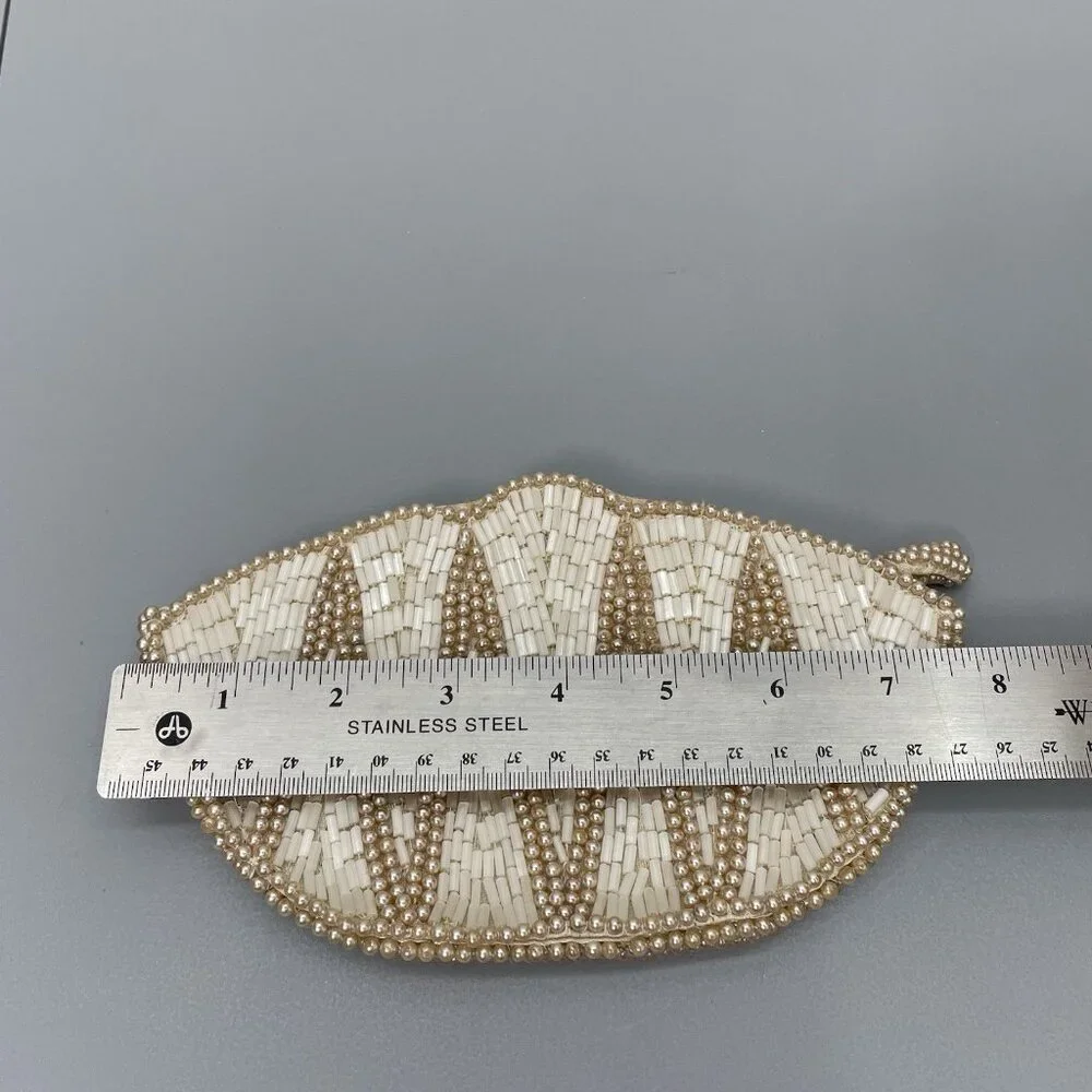 Vintage Beaded Clutch Evening Purse Makeup Bag Zip Top Faux String Pearls Small - Picture 11 of 12